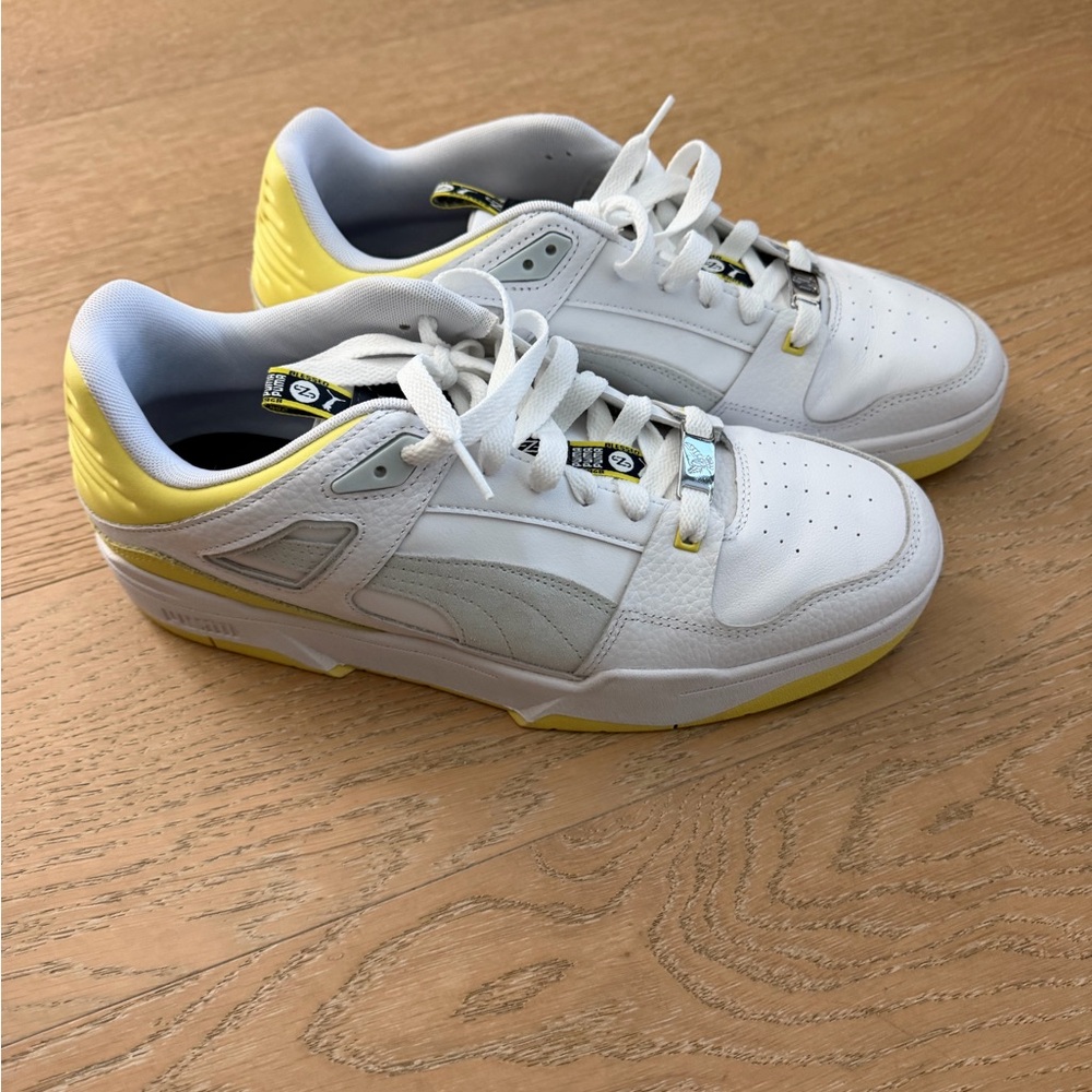 Puma White and Yellow Low-Top Sneakers